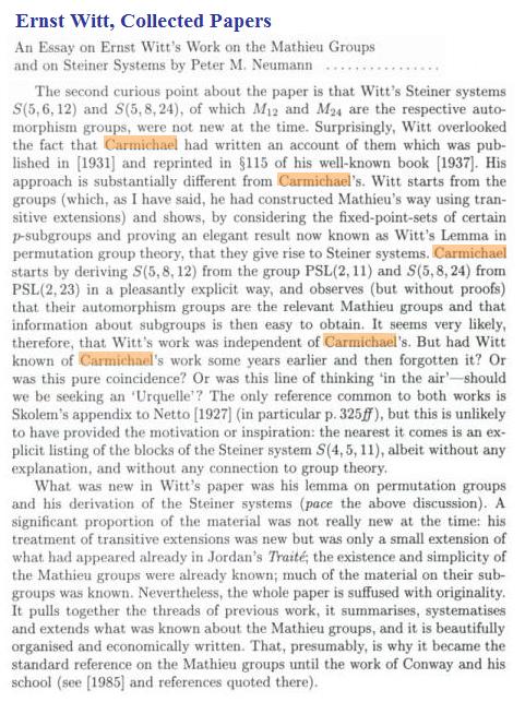 Peter M. Neumann on Carmichael and Witt